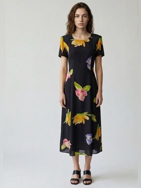 Maggy London Vintage 90s Silk Black Floral Midi Dress 8 Back Tie Dark Romantic